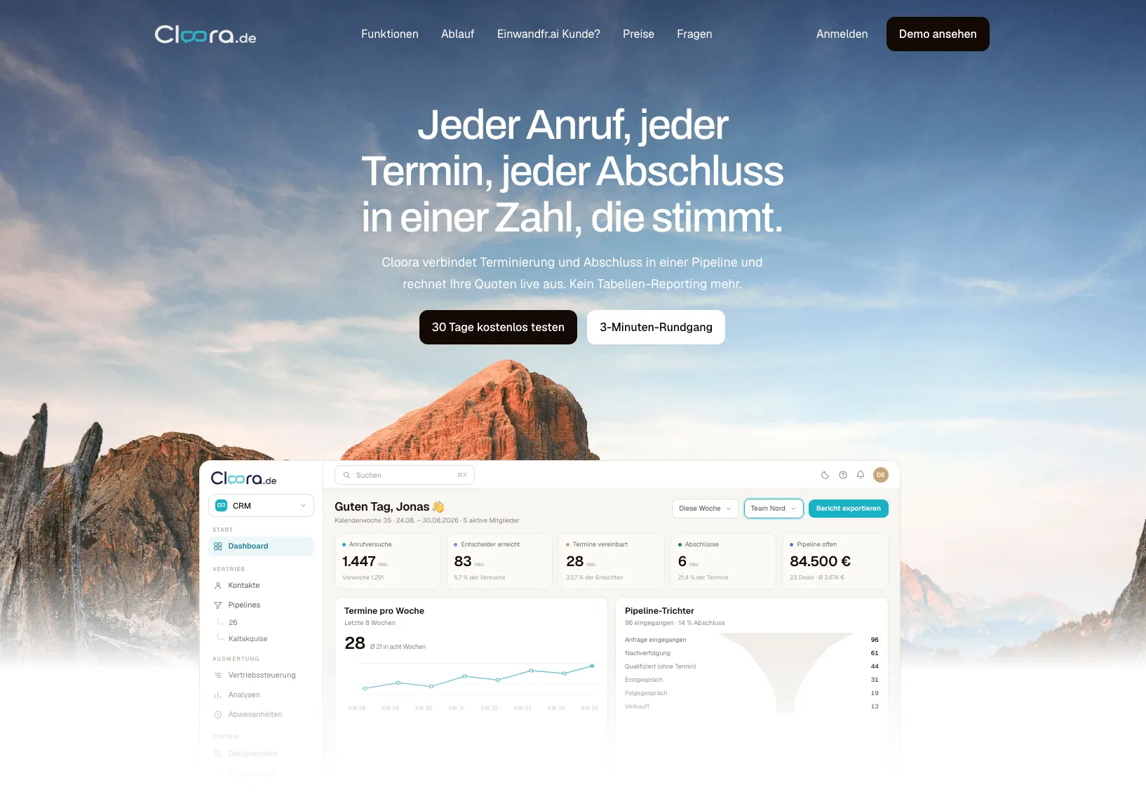 Startseite von Cloora mit dem Dashboard der Vertriebszahlen
