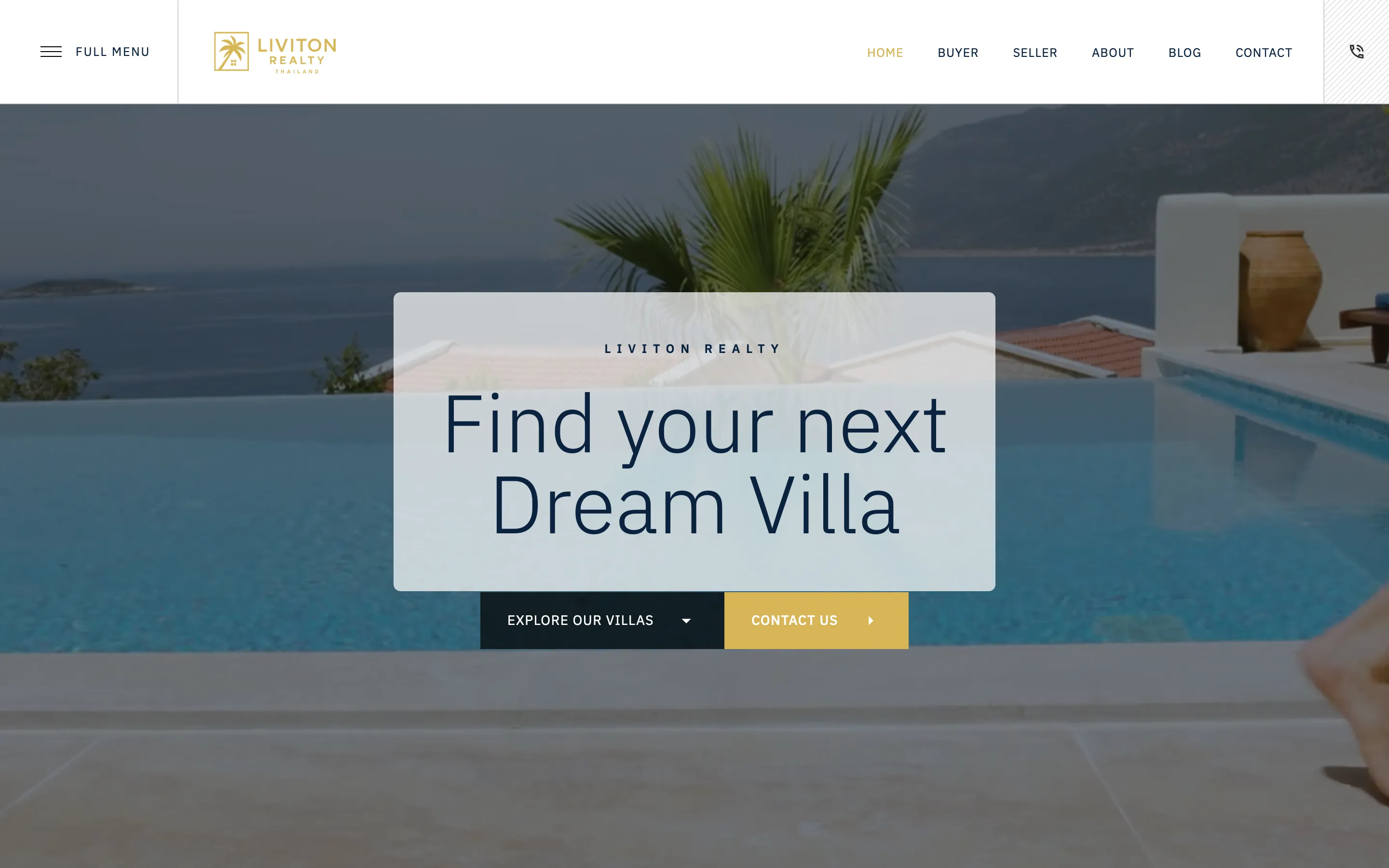 Startseite von Liviton Realty: Villa mit Pool, Überschrift „Find your next Dream Villa“